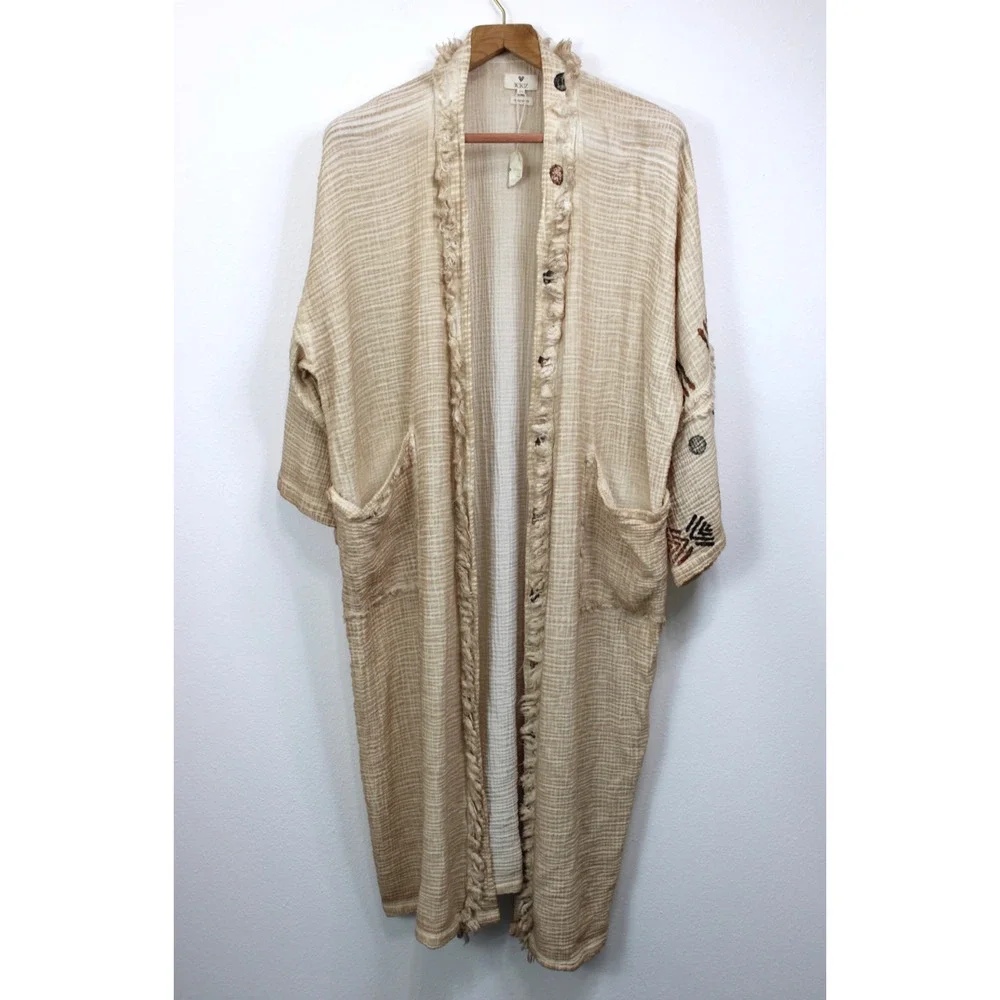 IKIKIZ Kimono Duster Women's OS Crinkle Cotton Cardigan Robe Tribal Missing Belt